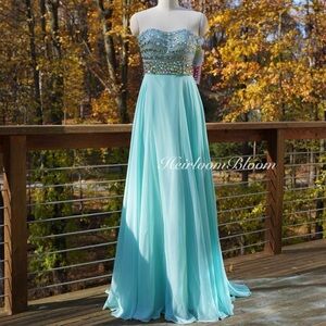 Mori Lee Mint Blue Rhinestone Embellished Strapless Prom Dress Gown